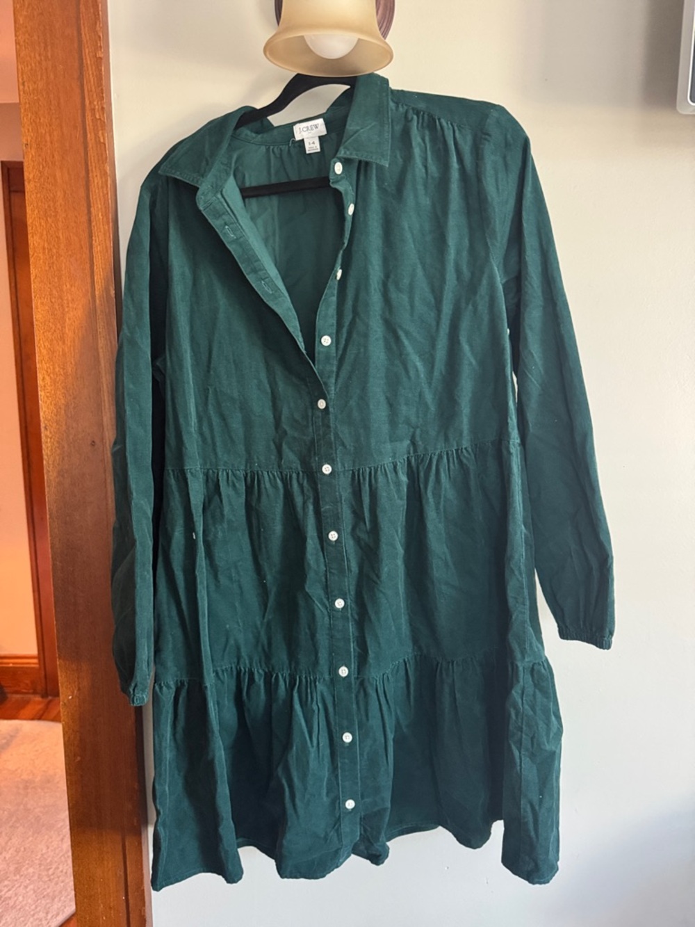 Forest Green Corduroy Button-Front Tiered Shirt Dress